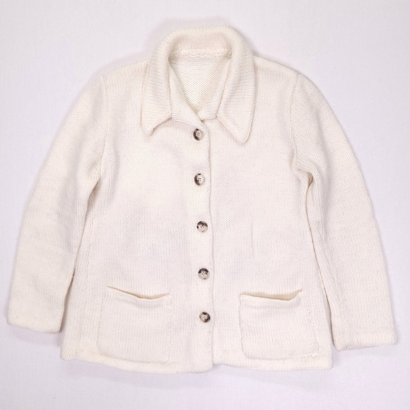 Handmade Vintage Abstract Cat Intarsia Knit Cardigan Sweater Cream Large OOAK - Picture 2 of 9